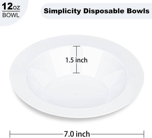 BESTVIP 50Pcs Plastic White Bowls, 12 Oz Disposable Bowls Disposable Bowls for Parties, Wedding, Christmas, Thanksgiving, Soak Proof Bowls for Breakfast, Lunch, and Dinner Meals