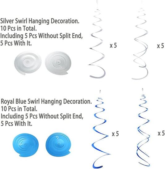 MOWO Silver and Royal Blue Foil Swirl Hanging Decoration for Birthday Graduation Winter New Year Party Supplies,Pack of 20