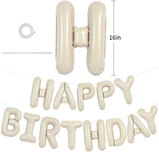 TONIFUL Cream White Happy Birthday Balloons Banner, 16 Inch Mylar Foil Letters Sign Bunting Reusable for Girls Boys Kids & Adults Decorations and Party Supplies
