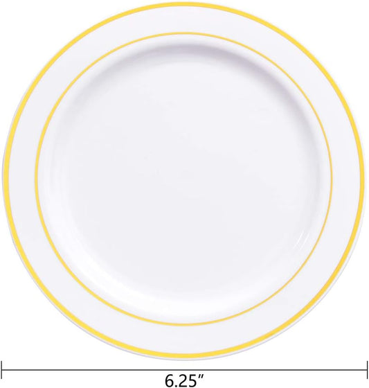 bUCLA 100Pieces Gold Plastic Plates - 6.25inch White with Gold Rim Disposable Salad/Dessert/Appetizer/Small Cake Plates Premium Hard - Ideal for Wedding, Party & Thanksgiving