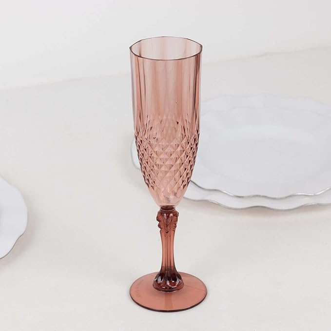 Efavormart 6-Pack Champagne Glasses, 8oz Shatterproof Plastic Crystal Cut Toast Flutes, Dusty Rose for Party Celebration Wedding