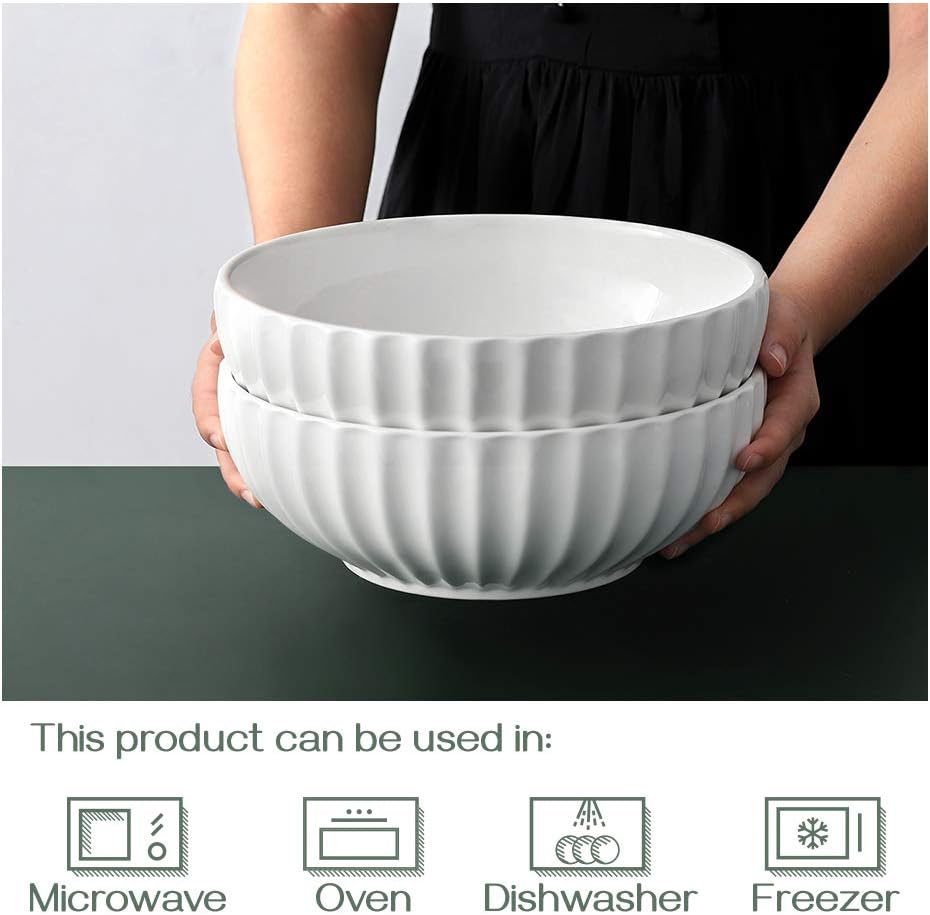 DOWAN 9.8'' Serving Bowls, 86 oz Large Salad Bowl, Ceramic Serving Dishes, Set of 2, Pumpkin Shape for Halloween, Entertaining, Party, Kitchen, Dinner, Banquet, Housewarming Gift, Soft White