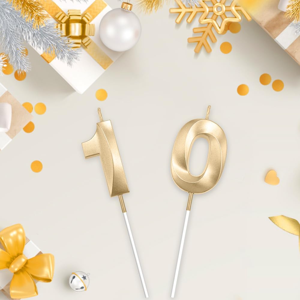 10th Birthday Candles Number Candles 10th Birthday Candle 3D Diamond Shape Number Candles Numeral Birthday Cake Topper Cake Candles for Birthday Decoration Theme Party Cake Decoration Champagne Gold