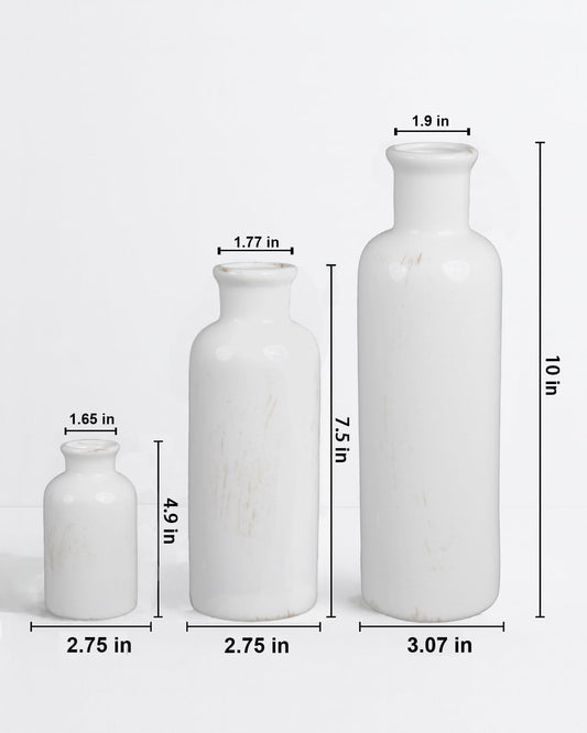 White Ceramic Vase Set of 3 - Crackle Glaze Bottle Vases for Rustic Farmhouse Table Centerpiece, Shelf & Mantel Decor