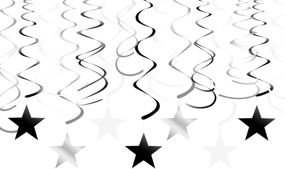 Black, White, and Silver Hanging Swirl Decorations with Star Cutouts, Set of 30