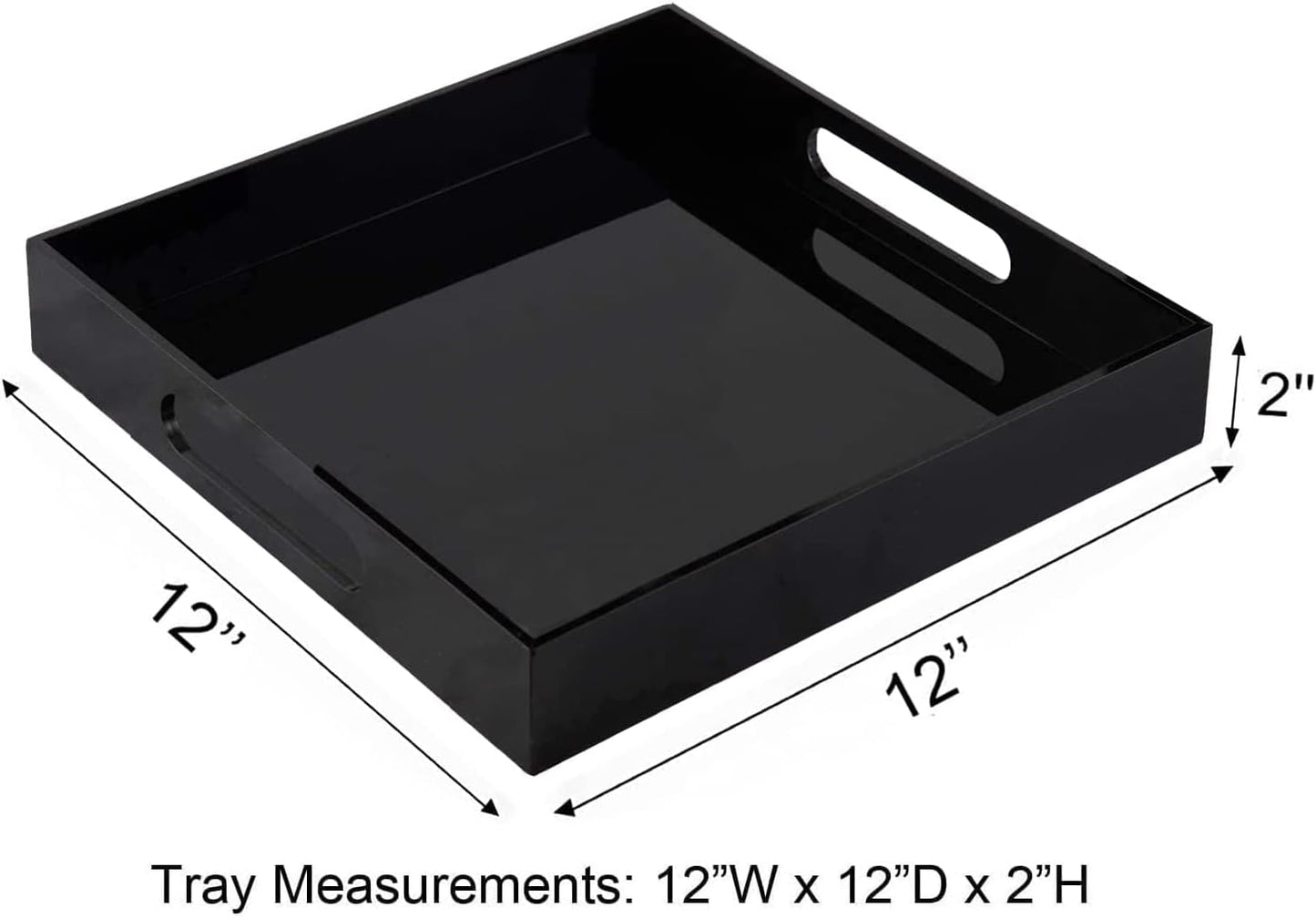 Acrylic Ottoman Tray with Handles - Remote Control Valet Tray, Black Nightstand Dresser or Bathroom Organizer - Spill Proof Square 12''x12'' (Black)