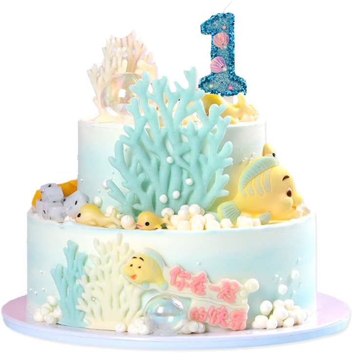 Blue Number Candle,Shell Sequins Number Candles for Birthday Cakes Mermaid Themed Party Supplies Number 7 Candle