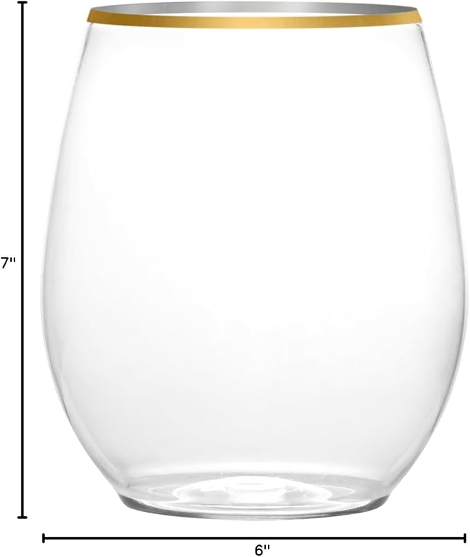 PLASTICPRO 12 Pack Clear With Gold Rim Plastic Wine Glasses Stemless Disposable 12 oz BPA Free Shatterproof Plastic Wine Cups Wine Glasses for Parties