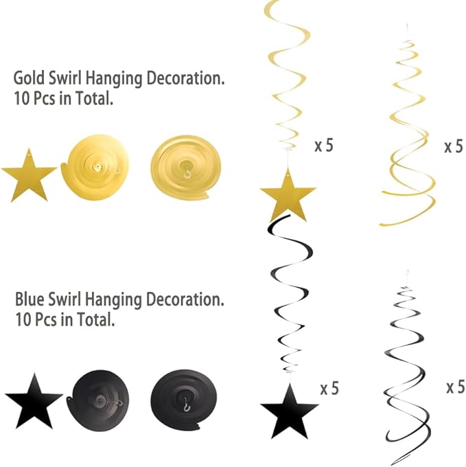 MOWO Gold Black Star Swirl Hanging Decoration for Birthday Graduation Retirement Party Supplies,Pack of 21