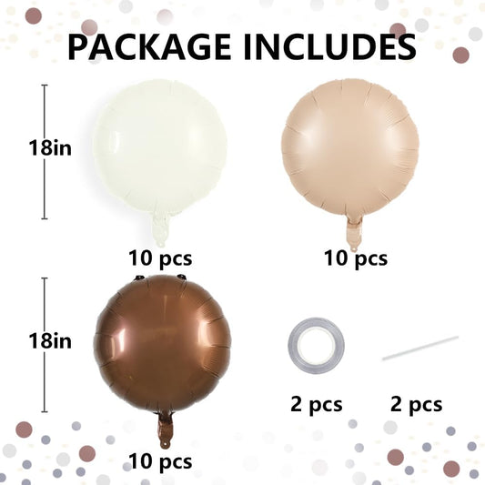 TONIFUL 30Pcs 18 Inch Large Cream White Round Shape Foil Balloons Big Brown Circle Helium Ballons for Thanksgiving Birthday Wedding Baby Shower Anniversary Engagement Party Decor Supplies