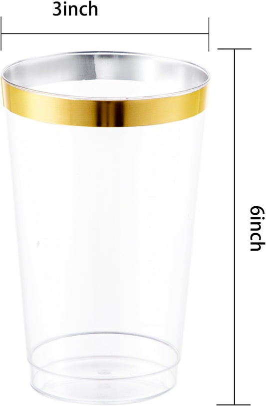 WDF 100 PACK Gold Plastic Cups - 12 OZ Gold Rimmed Disposable Cups for Thanksgiving Party, Holiday Gathering, Wedding