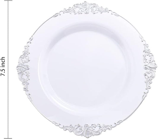 Hioasis 100pcs White Silver Plastic Plates for Party - 7.5" Dessert Plates Disposable, Heavy -duty, Classy and Elegant for Wedding