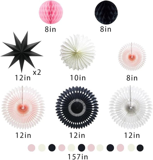 Pink Black White Party Decorations for Girls Women Minnie Mouse First Birthday Decoration Wedding Bridal Baby Shower Hanging Tissue Paper Fans Circle Garland Paper Lanterns