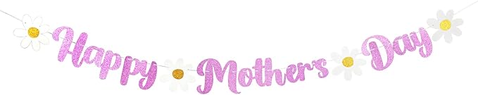 Happy Mother's Day Banner Set Decoration for Mother's Day Party Decorations Backdrop Garland for Mom Mother's Day Glitter Garland Photo Props (Pink White Daisy)