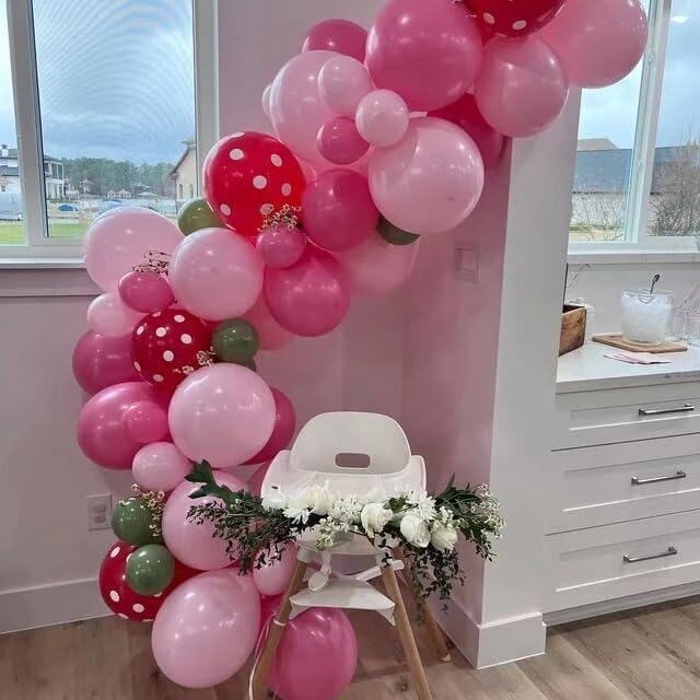 Strawberry Balloons Garland Arch Kit - Hot Pink, Red & Pastel Polka Dot Balloons for Girls' Berry Themed Birthday or Baby Shower Party Decorations