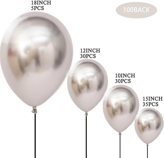 100 Pcs Metallic Silver Balloons Different Sizes 18 inch +12 inch +10 inch +5 inch Chrome Silver Latex Balloons for Birthday Party Wedding Baby Shower Decoration