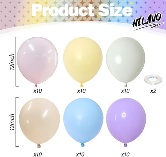 Pastel Rainbow Balloons – 60 Pcs 12 Inch Macaron Multicolor Latex Balloons for Birthday & Baby Shower Party