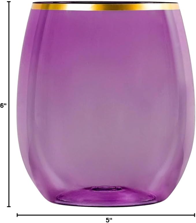 PLASTICPRO 12 Pack Purple With Gold Rim Plastic Wine Glasses Stemless Disposable 12 oz BPA Free Shatterproof Plastic Wine Cups Wine Glasses for Parties