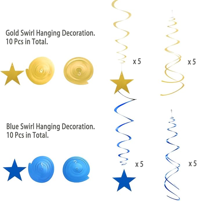 MOWO Gold Blue Star Swirl Hanging Decoration for 4th July Birthday Graduation Retirement Party Supplies,Pack of 20