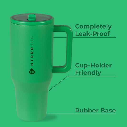 HydroJug Traveler - 40 oz Water Bottle with Handle & Flip Straw - Fits in Cup Holder, Leak Resistant Tumbler-Reusable Insulated Stainless Steel & Rubber Base - Gifts for Women & Men, Clover