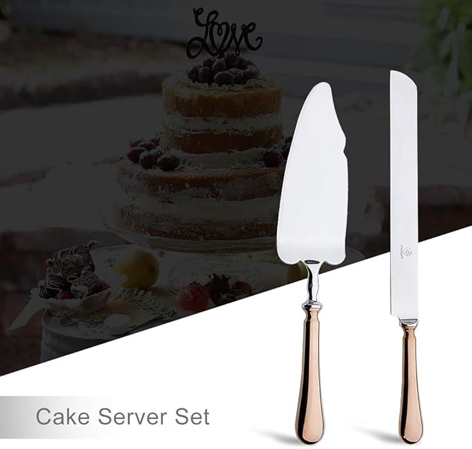 OTW PAVILION Wedding Cake Knife and Server Set,Rose Gold 18/10 Stainless Steel 2 Piece Dessert Set Pie Server Cake Cutter Knife for Birthday,Anniversary,Holiday,Baby Shower,Party