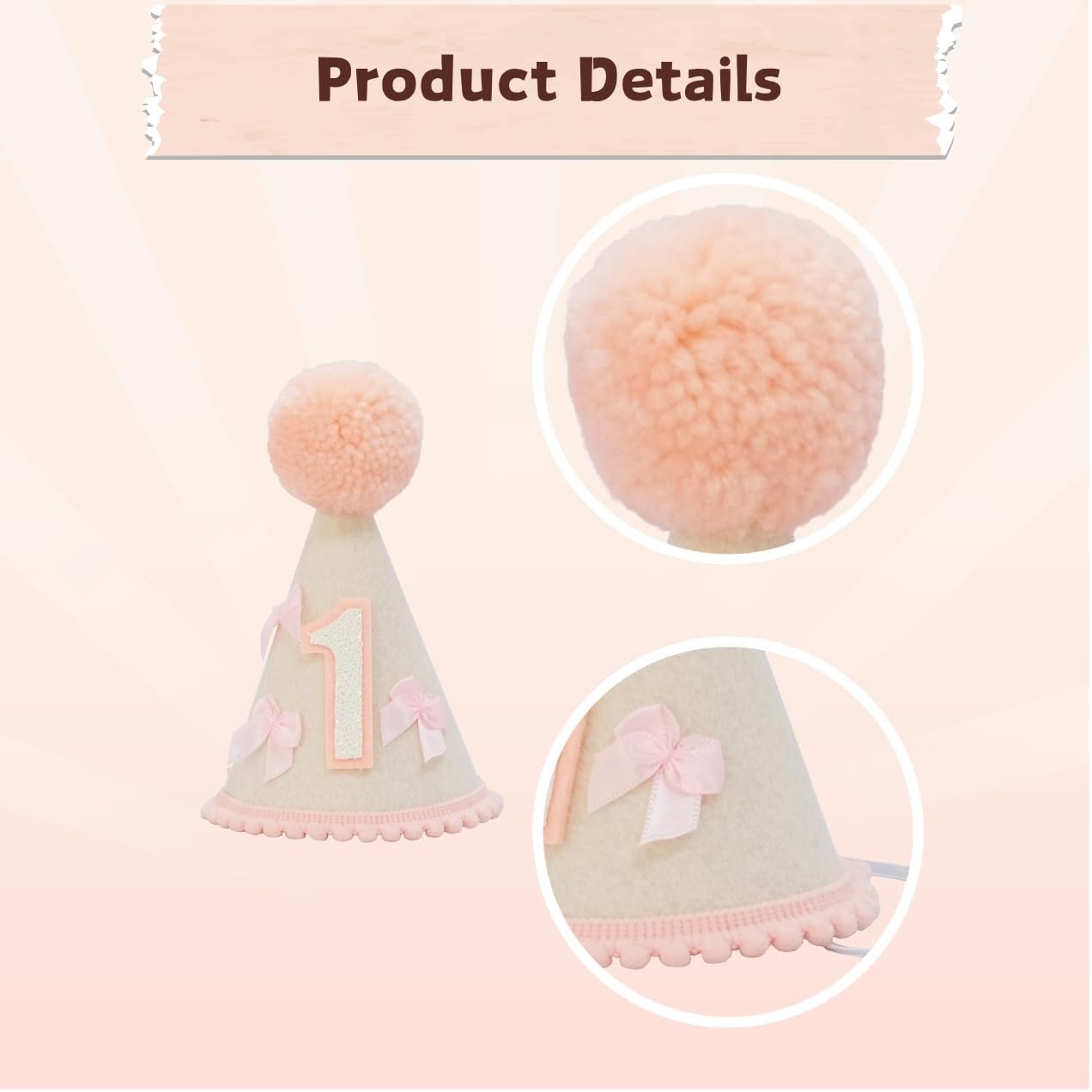 First Birthday Party Hat for Girls, Felt Cone with Pink Pom Pom, White Number 1, Pink Bows
