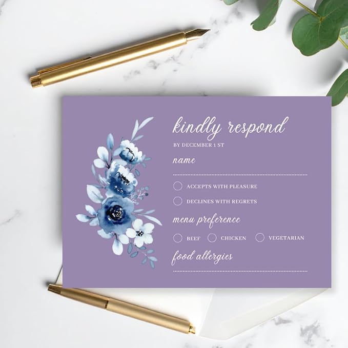 crafty-bell Glossy Finish Personalized Wedding RSVP Response Cards with White Envelopes, Blue Floral Design, 15 Count Respond Cards in Glossy Finish (Purple)