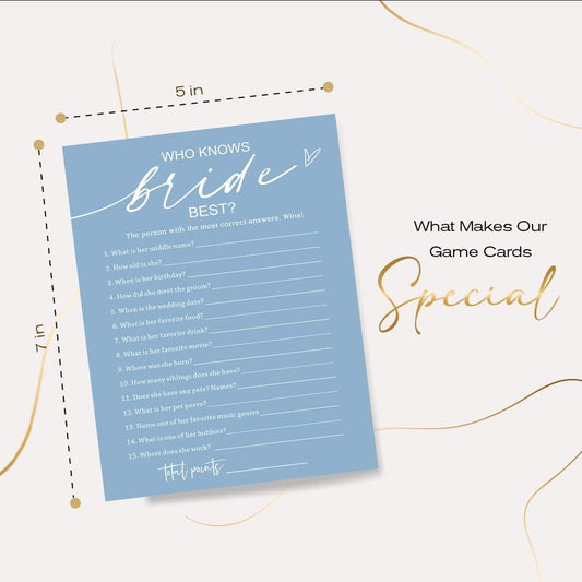 Bridal Shower Games Cards, Who Knows The Bride Best, 25 Guest Wedding Games, Minimalist Blue Wedding Party Supplies - B03