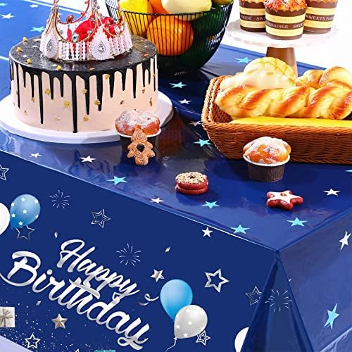 Tegeme Navy Blue Party Supplies Stars Happy Birthday Tablecloths Starry Confetti Table Covers for Kids Boys Girls Baby Shower Birthday Party Decorations(Navy Blue and Silver,6 Pack)