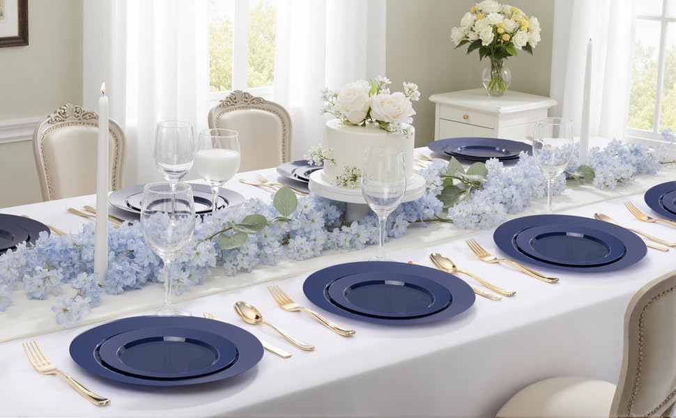 FLOWERCAT 200PCS Navy Blue Plastic Plates Disposable Plates for Party - Heavy Duty Plastic Plates - 10" &7" Plate for 100 Guests Halloween Parties and Events