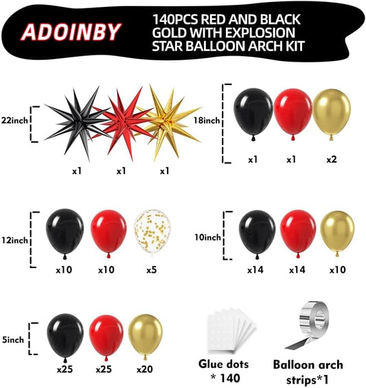 Red and Black Gold Balloon Arch Kit, 140Pcs Explosion Star Black and Red Metallic Gold Balloons 22 18 12 10 5 Inch Different Size Balloons for Birthday Casino Night Movie Night Decorations