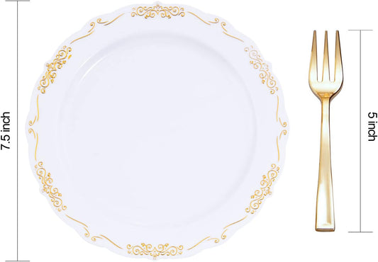 LIYH 200 Pcs Gold Dessert Plates,100 Pcs Appetizer Plates 7.5" and 100 Pcs Gold Plastic Forks 5",Cake Plates,Disposable Salad Plate Wedding Cake Plate Forks Perfect for Parties,Birthdays,Wedding