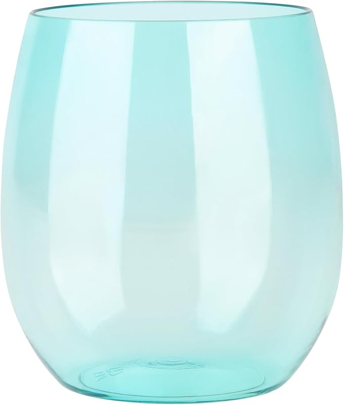 PLASTICPRO 12 Pack Aqua Blue Color Plastic Wine Glasses Stemless Disposable 12 oz BPA Free Shatterproof Plastic Wine Cups Wine Glasses for Parties