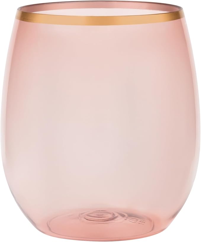 PLASTICPRO 12 Pack Rose With Gold Rim Plastic Wine Glasses Stemless Disposable 12 oz BPA Free Shatterproof Plastic Wine Cups Wine Glasses for Parties