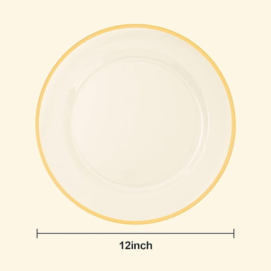 BESTSTAR 12 Inch Disposable Charger Plates, 15 Pack Plastic Clear Plates with Gold Rim, Perfect Table Decor for Party, Wedding, Dinner