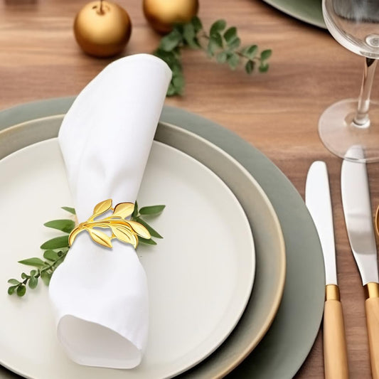 Napkin Rings Set of 12 - Gold Semicircle Metal Leaf Fall Thanksgiving Christmas Napkin Rings, Napkin Holder for Thanksgiving Dinner Table Decor Wedding Kitchen Banquet Holiday Everyday Party
