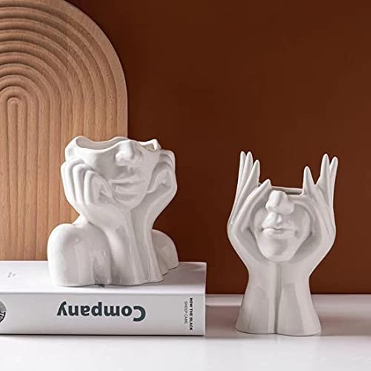 White Ceramic Face Vase, Female Form Head Half Body Bust Vases Boho Feminist Minimalism Decorative Modern Nordic Style Flower Vase for Home Living Room Office Book Shelf Decor (Medium)