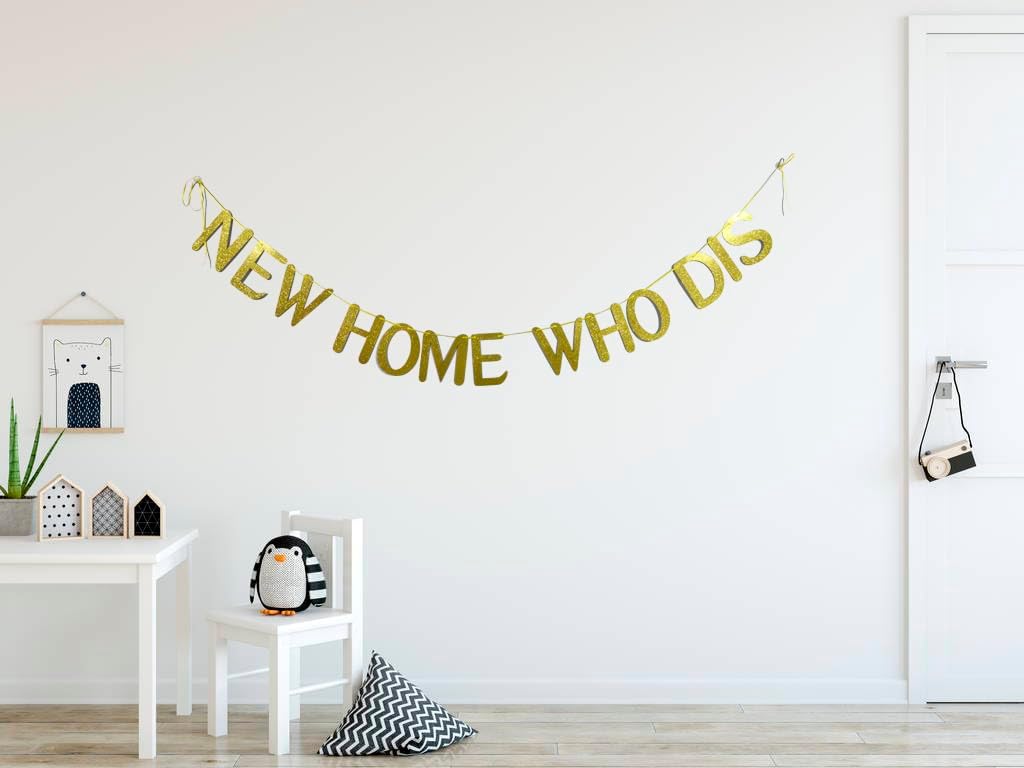 New Home Who Dis Banner,with adhesive hooks,New Home,Welcome Home,Funny Housewarming Party Decorations Spupplies,Gold Glitter Decor(Pre-Strung)