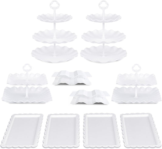 Pack of 10 NWK Dessert Stand Set with 2X Large 2-Tier and 2X Large 3-Tier Cupcake Stands, 4 x Appetizer Trays, 2 x Cake Pop Stands, for Birthday Baby Shower Party Decorations