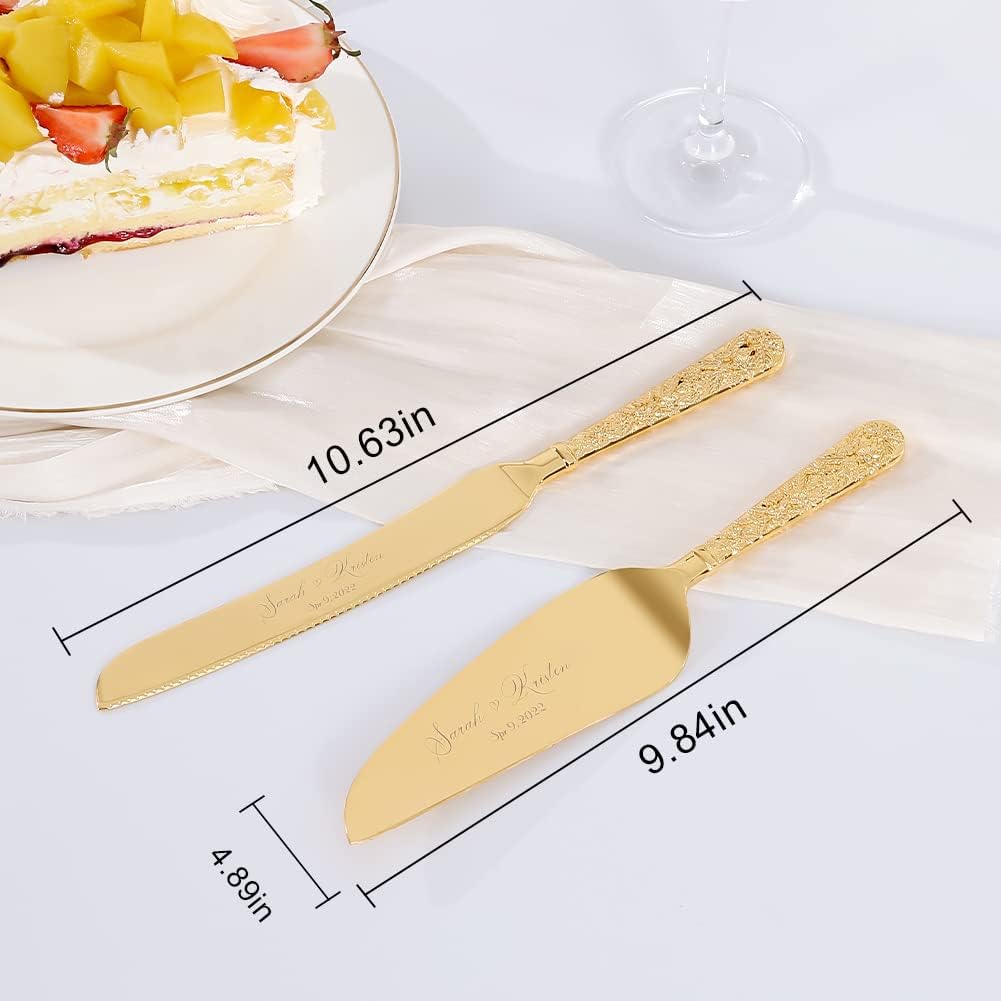 Wedding Cake Knife and Server Set, Personalized Gold Cake Cutting Set for Wedding, Engraved Classic Cake Knives Cutter Set, Pie Server, Birthday Bridal Quinceañera Gift (CUS-Flower)