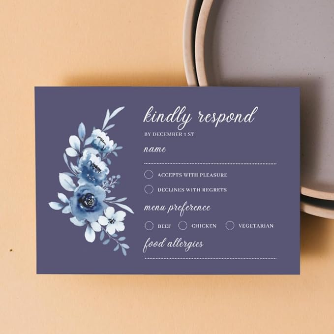 crafty-bell Glossy Finish Personalized Wedding RSVP Response Cards with White Envelopes, Blue Floral Design, 15 Count Respond Cards in Glossy Finish (Navy Blue)