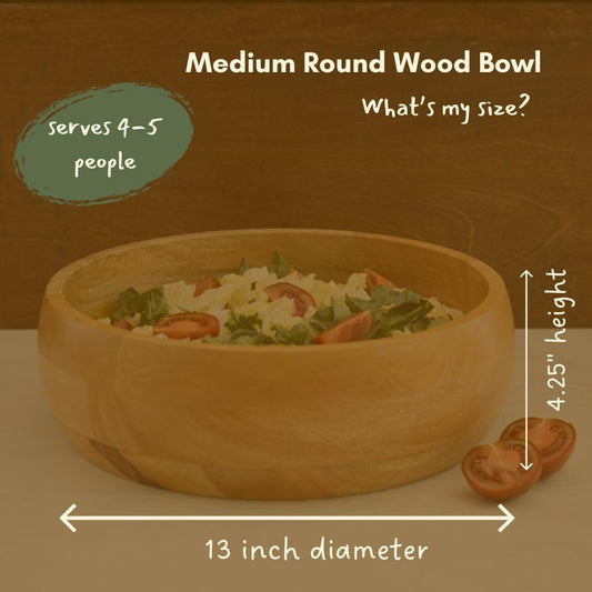 Medium Salad Bowl, 13" Wide, Kitchen Countertop Fruit Bowl, Serving Dish for Pasta, Bread, Mixing Bowl, Farmhouse Style, Mango Wood, Round, Serves 4-5