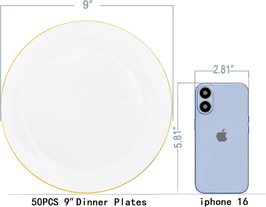Festiva 50Pcs Gold Plastic Plates - 9 Inch White Plastic Plates with Gold Rim - Disposable Dinner Plates - include 50 salad&pasta Plate Perfect for Party&Wedding&Thanksgiving &Christmas