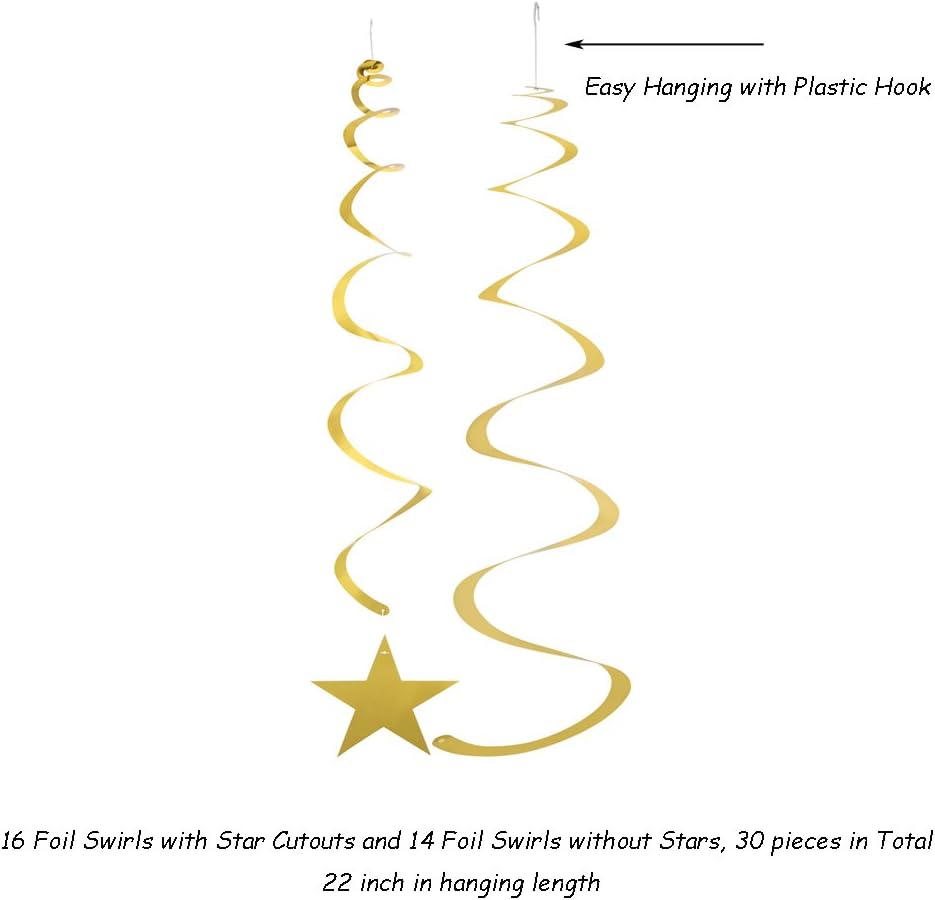 Gold Twinkle Stars Swirls Decorations Shiny Metallic Hanging Stars Garland Wedding Favors Birthday Baby Shower Party Decorations, 30 pcs