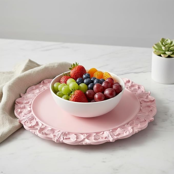 13" Pink Charger Plates, Set of 6 Plastic Textured Chargers for Dinner Plates with Embossed Rim, Table Décor, Party, Wedding, Holiday