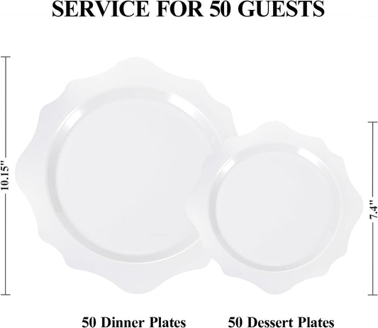 100 PCS White Disposable Plates for 50 Guests, Scalloped Plastic Plates Include 50 Dinner Plates and 50 Dessert Plates for Party, Wedding