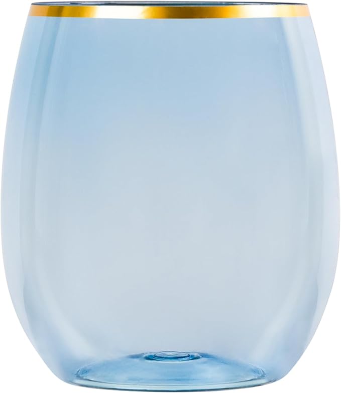 PLASTICPRO 6 Pack Blue With Gold Rim Plastic Wine Glasses Stemless Disposable 12 oz BPA Free Shatterproof Plastic Wine Cups Wine Glasses for Parties