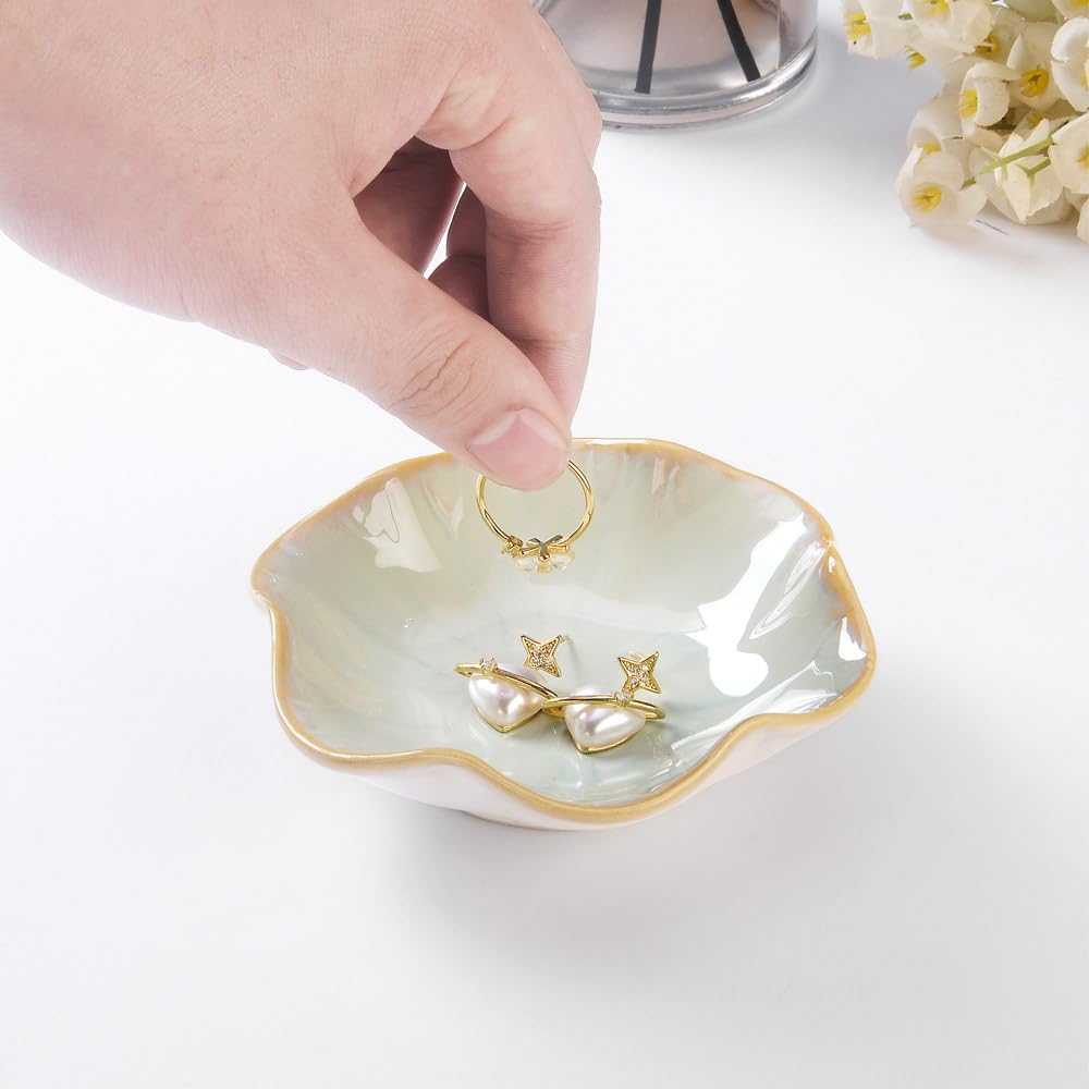 2PCS Lotus Leaf Shape Ring Holder Dish, Small Key Bowl, Ceramic Trinket Tray Jewelry Dish Organizing Necklace Earrings for Mom Friend Sister, All Jewelries Are NOT Included.White+Light Green.