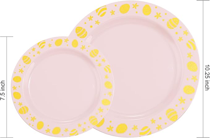 LIYH 60 Pcs Pink Plastic Easter Egg Plates Disposable Dinner & Dessert Plates with Gold Rim for Easter Day Party Decor 30 Guests