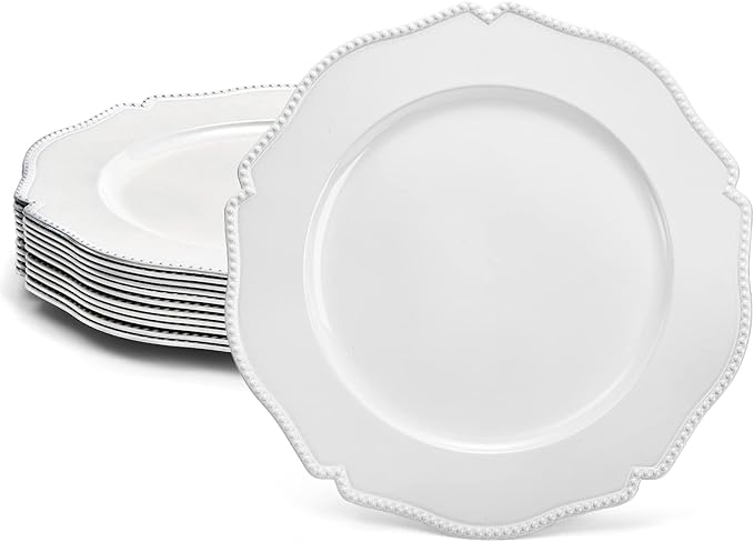 Foraineam 12 Pack White Charger Plates with Beaded Rim, 13 Inch Round Plastic Dinner Chargers, Scalloped Serving Plates for Table Settings Wedding Party Catering Event Decoration